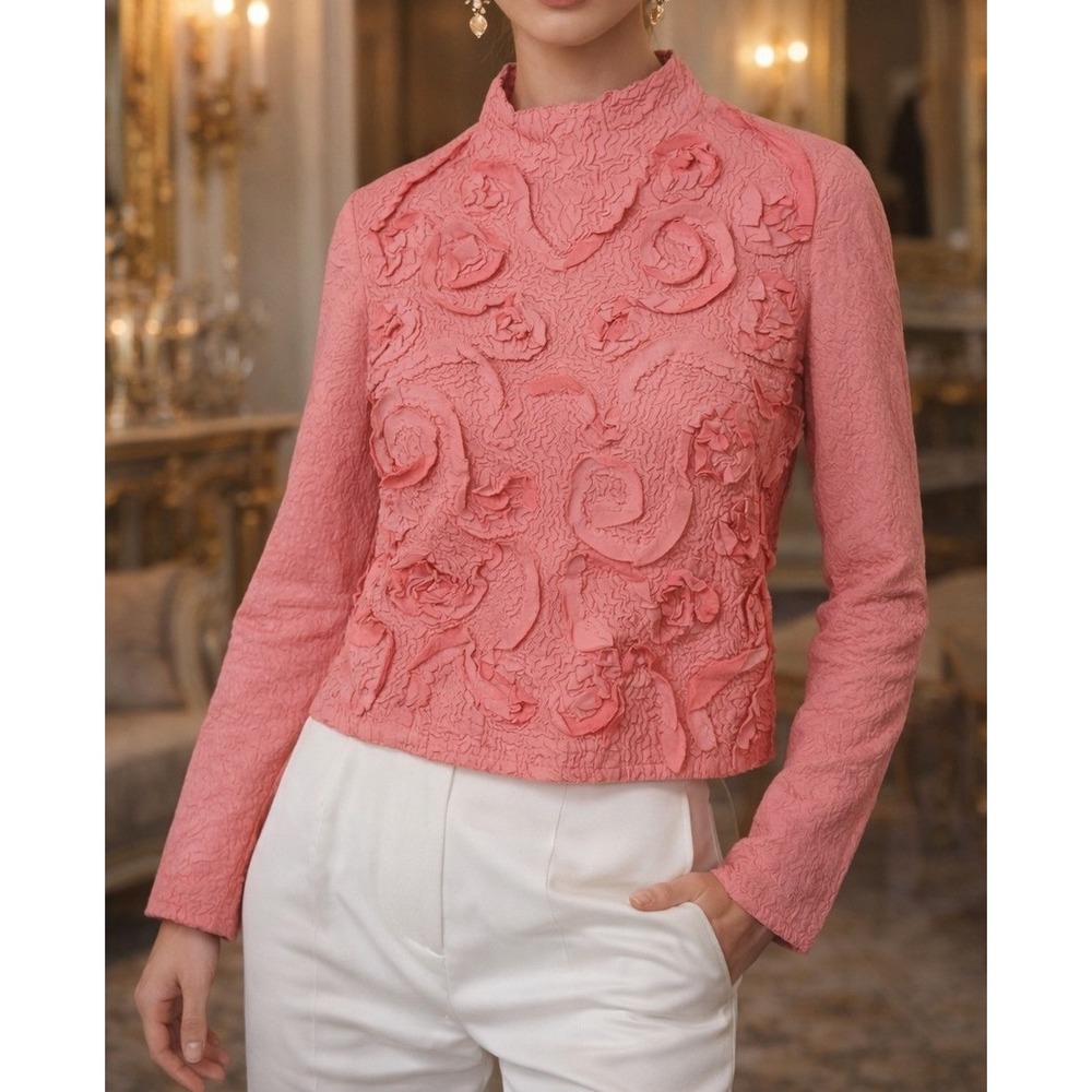 Alberto Makali‎ Pink 3D Floral Rosette Textured Mock Neck Top Large